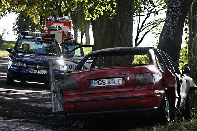 Zapalił się po uderzeniu w drzewo - zdjęcia