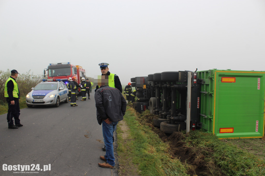 Ciężarówka z otrębami wjechała do rowu
