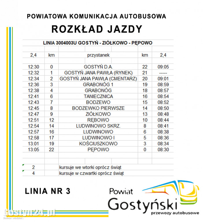 Powiat gostyński uruchamia linie autobusowe - Rozkład jazdy