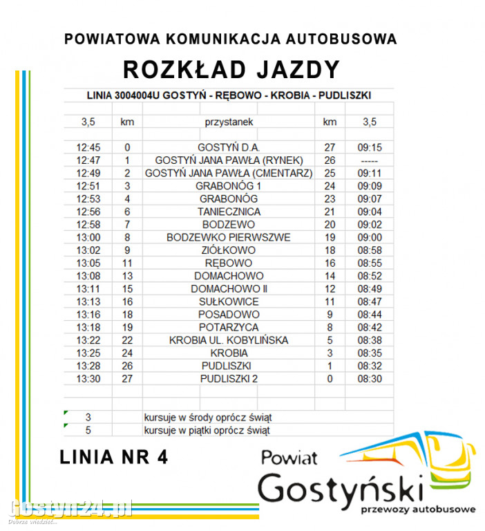 Powiat gostyński uruchamia linie autobusowe - Rozkład jazdy