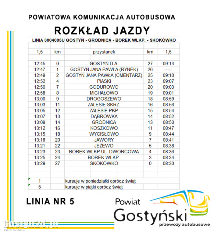 Powiat gostyński uruchamia linie autobusowe - Rozkład jazdy