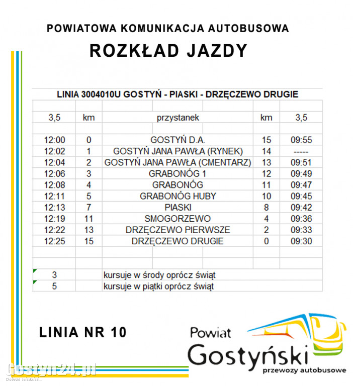 Powiat gostyński uruchamia linie autobusowe - Rozkład jazdy