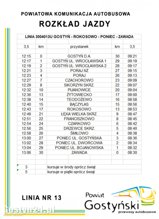 Powiat gostyński uruchamia linie autobusowe - Rozkład jazdy