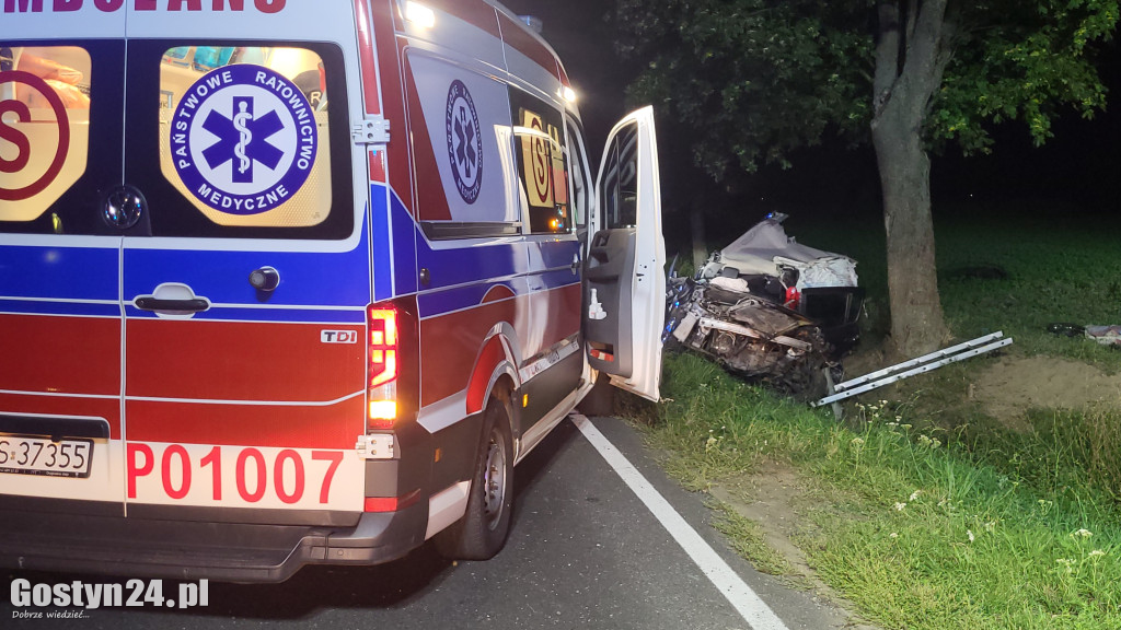Samochód uderzył w drzewo na trasie Krobia-Rawicz