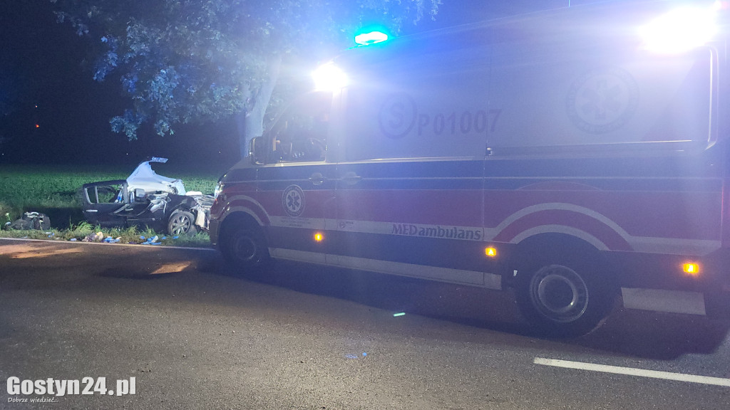 Samochód uderzył w drzewo na trasie Krobia-Rawicz