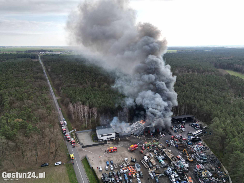 Pożar hali na terenie firmy w Śmiłowie pod Poniecem