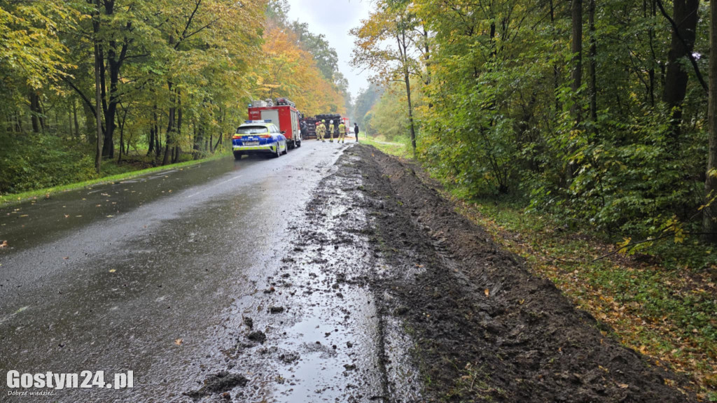 Pszenica na drodze, a ciężarówka  blokuje drogę