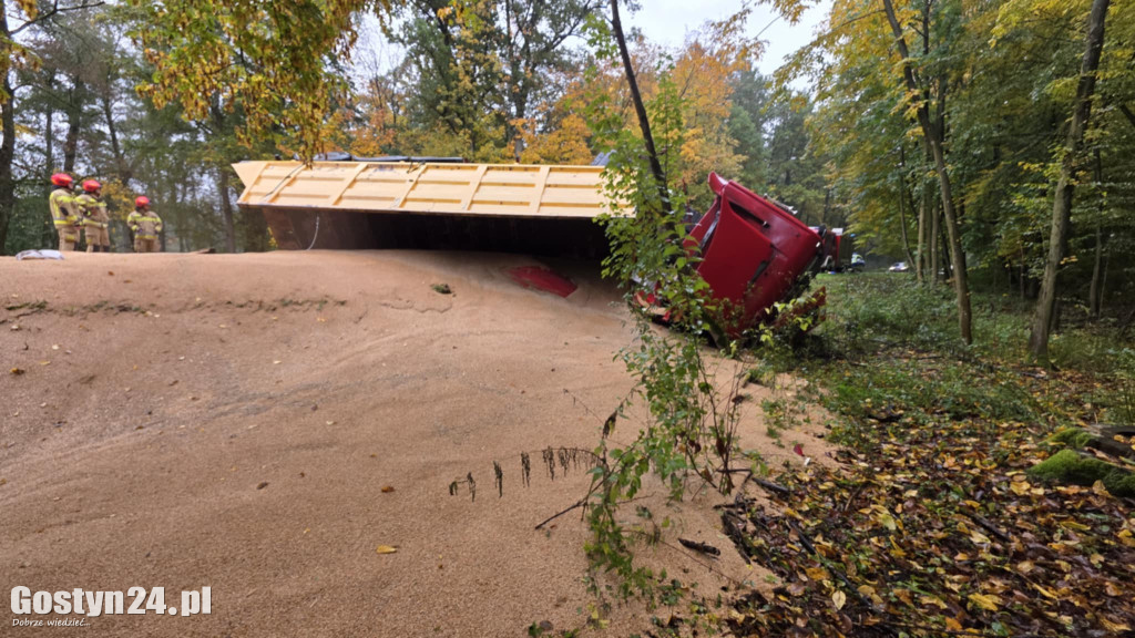 Pszenica na drodze, a ciężarówka  blokuje drogę