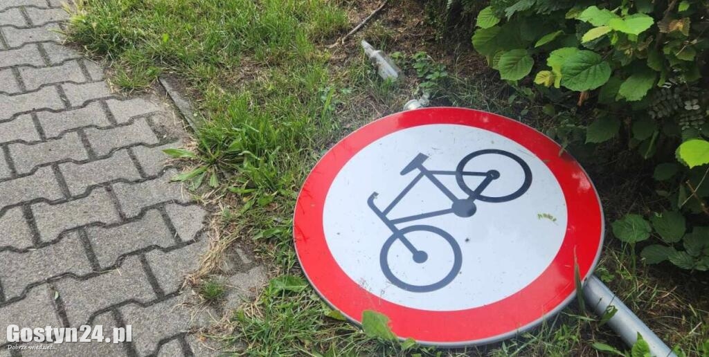 Skasowany znak i zniszczony żywopłot w Strzelcach Wielkich