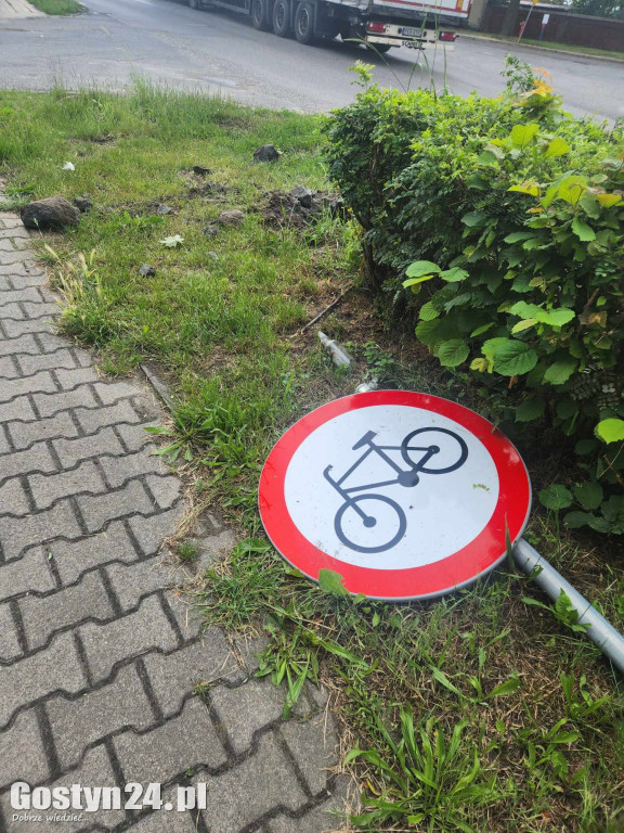 Skasowany znak i zniszczony żywopłot w Strzelcach Wielkich