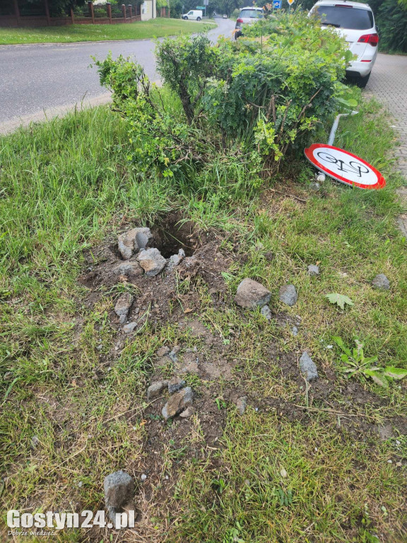 Skasowany znak i zniszczony żywopłot w Strzelcach Wielkich