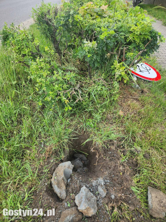 Skasowany znak i zniszczony żywopłot w Strzelcach Wielkich