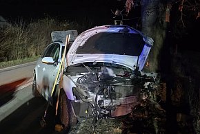 Uderzył w jedno, potem drugie drzewo. W środku troje ludzi. Auto skasowane-85662