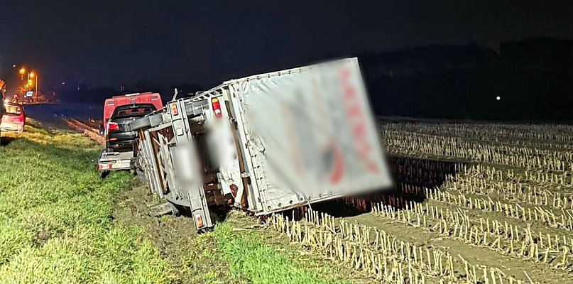 Tym razem na drodze wojewódzkiej. Laweta z autami wypadła z trasy... - 84542